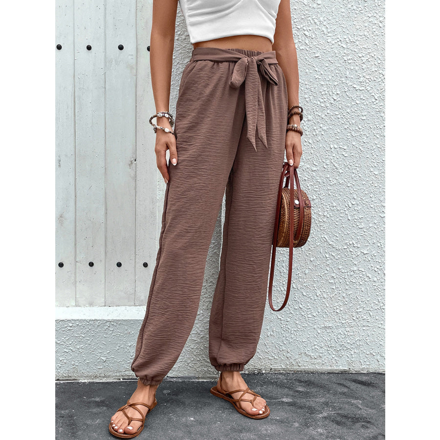 Tied High Waist Pants with Pockets Apparel and Accessories