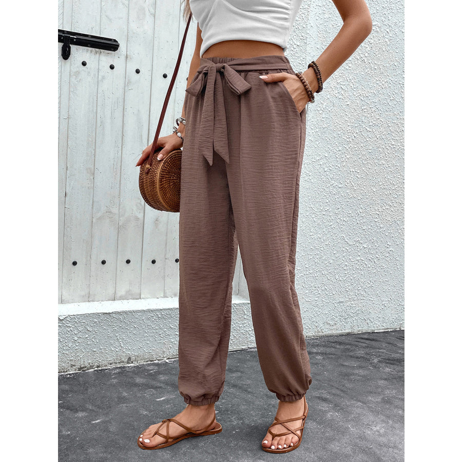 Tied High Waist Pants with Pockets Apparel and Accessories