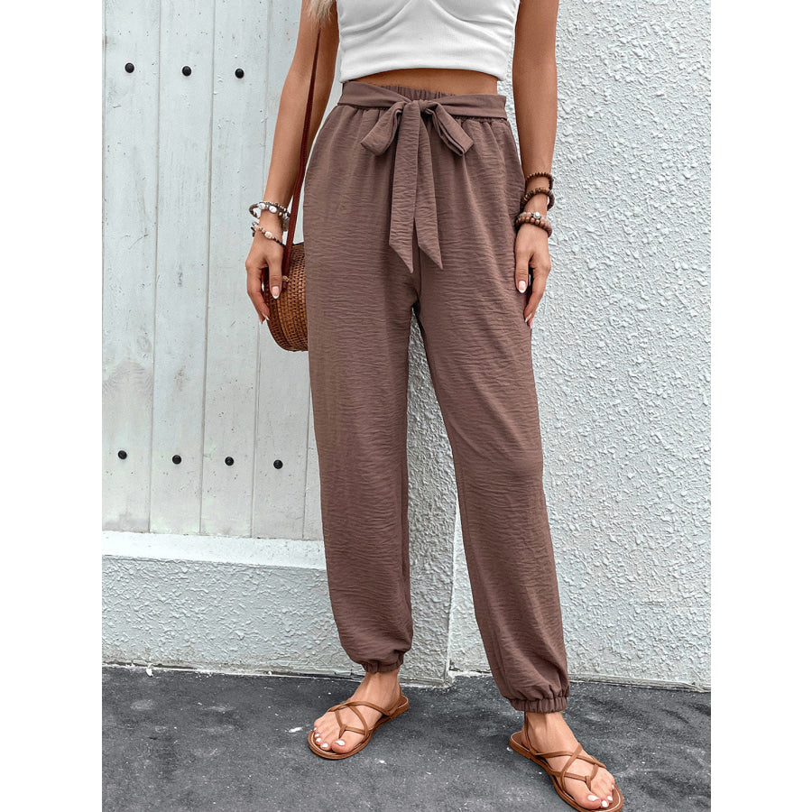 Tied High Waist Pants with Pockets Brown / S Apparel and Accessories