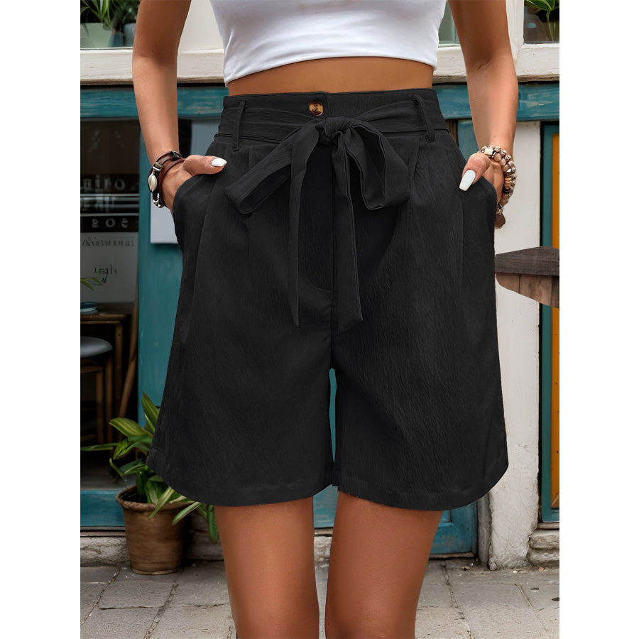 Tied High Waist Shorts with Pockets Black / S Apparel and Accessories