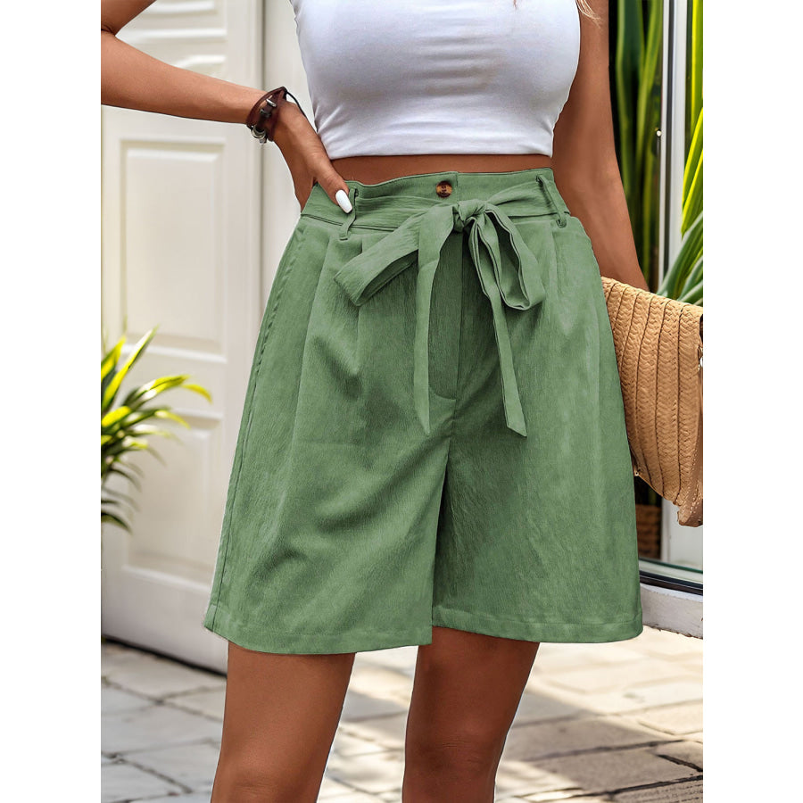 Tied High Waist Shorts with Pockets Matcha Green / S Apparel and Accessories