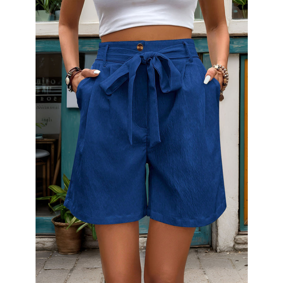 Tied High Waist Shorts with Pockets Royal Blue / S Apparel and Accessories