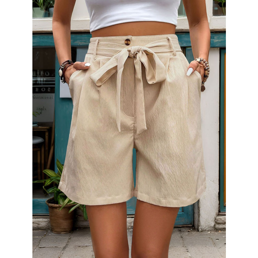 Tied High Waist Shorts with Pockets Tan / S Apparel and Accessories