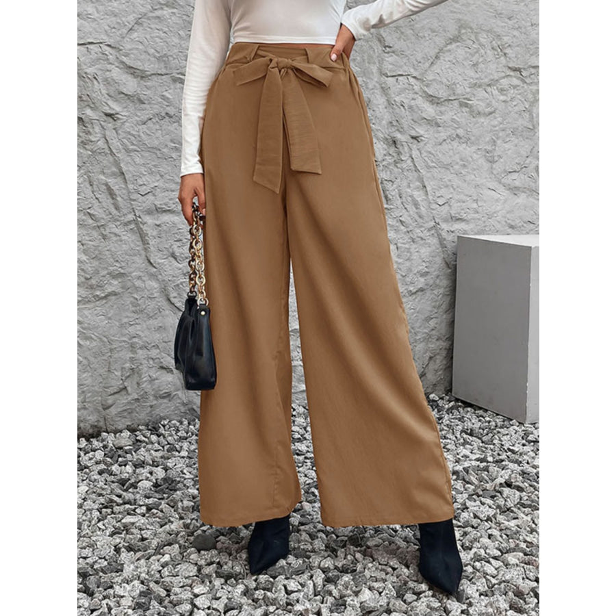 Tied High Waist Wide Leg Pants Caramel / S Apparel and Accessories