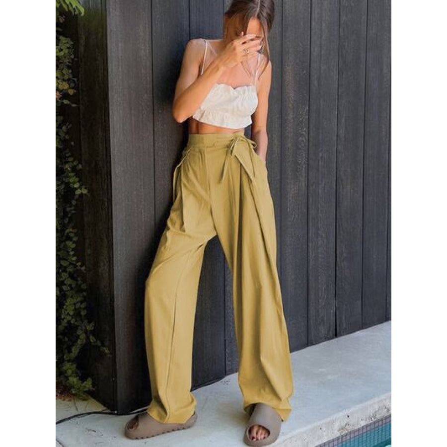 Tied High Waist Wide Leg Pants Chartreuse / S Clothing