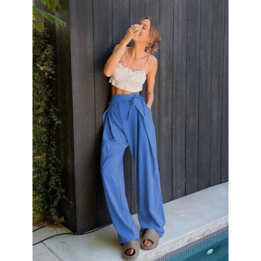 Tied High Waist Wide Leg Pants Cobalt Blue / S Clothing