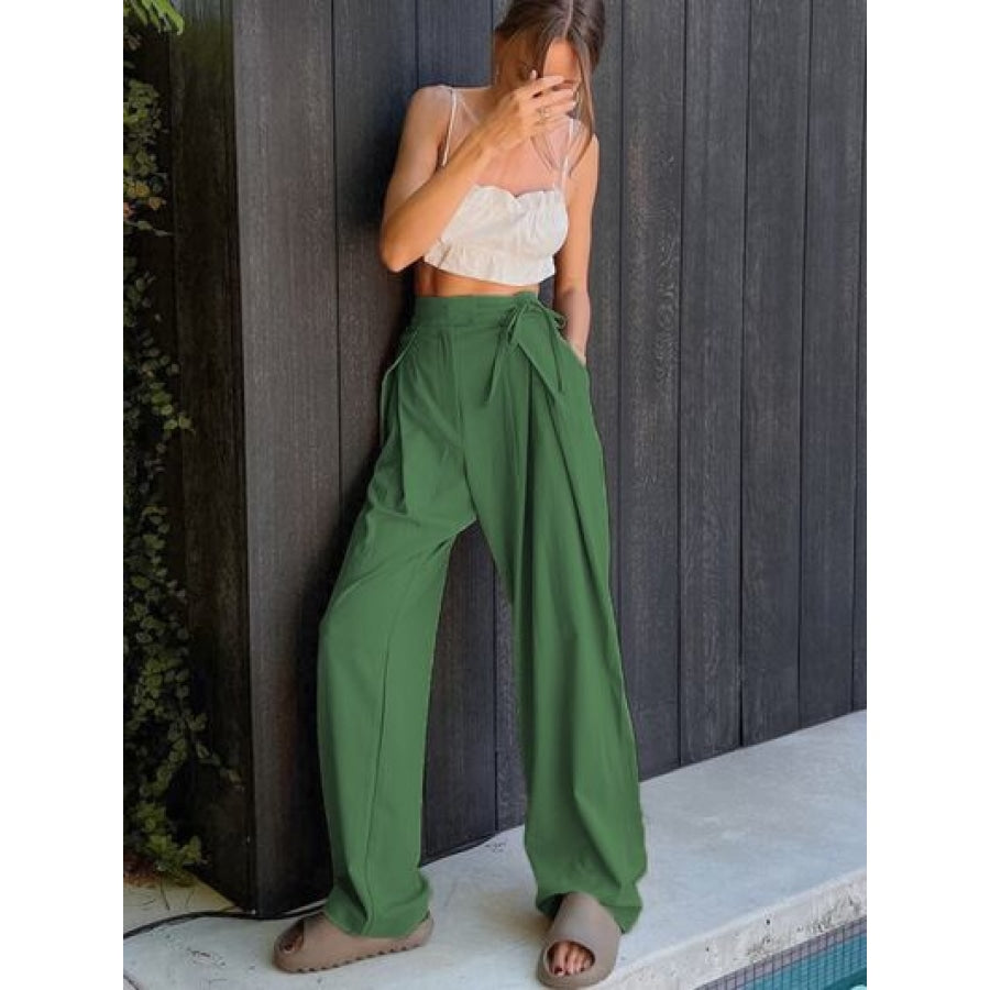 Tied High Waist Wide Leg Pants Mid Green / S Clothing