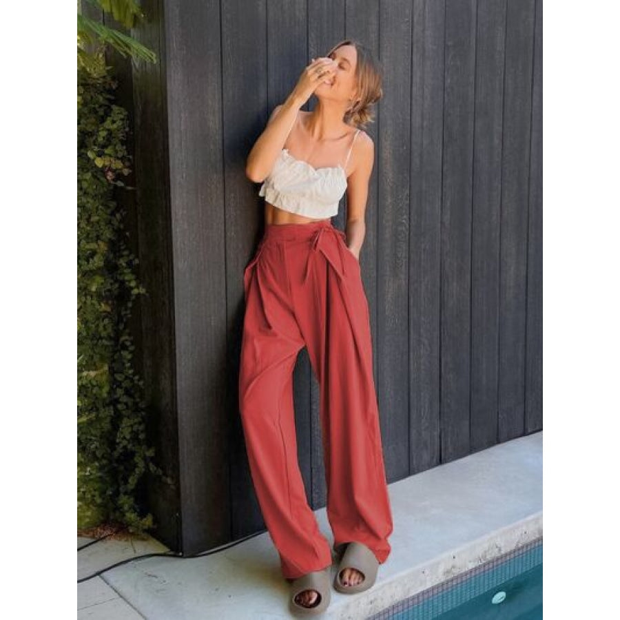 Tied High Waist Wide Leg Pants Red Orange / S Clothing