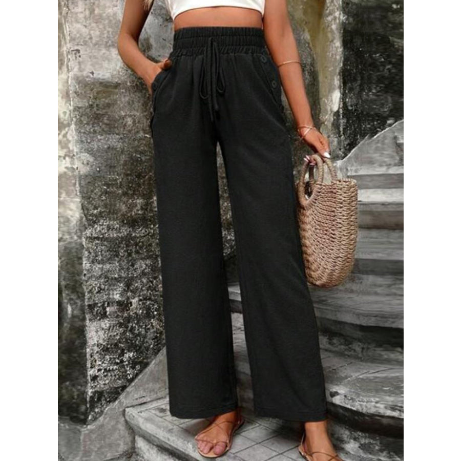 Tied High Waist Wide Leg Pants with Pockets Apparel and Accessories