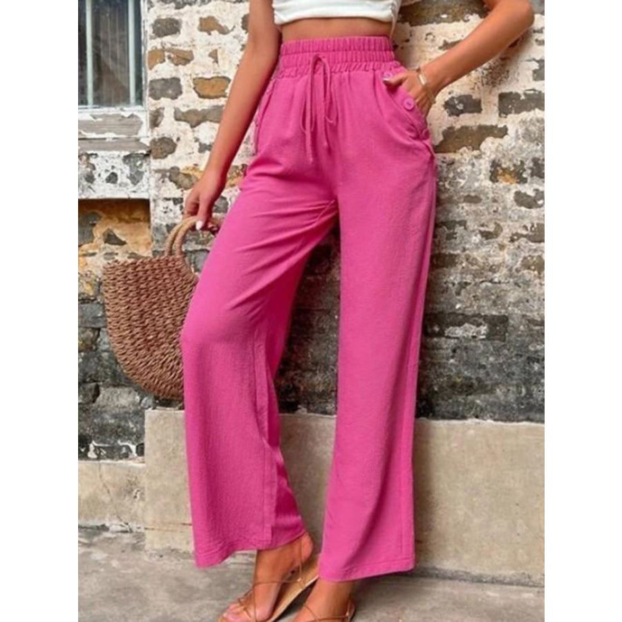 Tied High Waist Wide Leg Pants with Pockets Apparel and Accessories