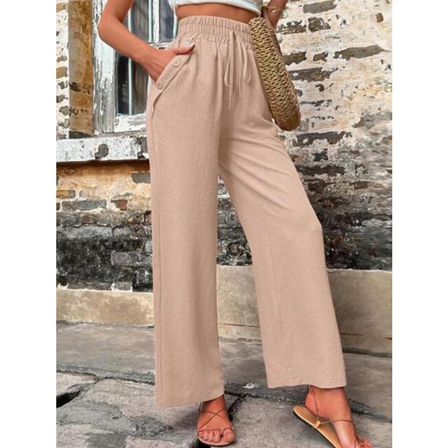 Tied High Waist Wide Leg Pants with Pockets Apparel and Accessories