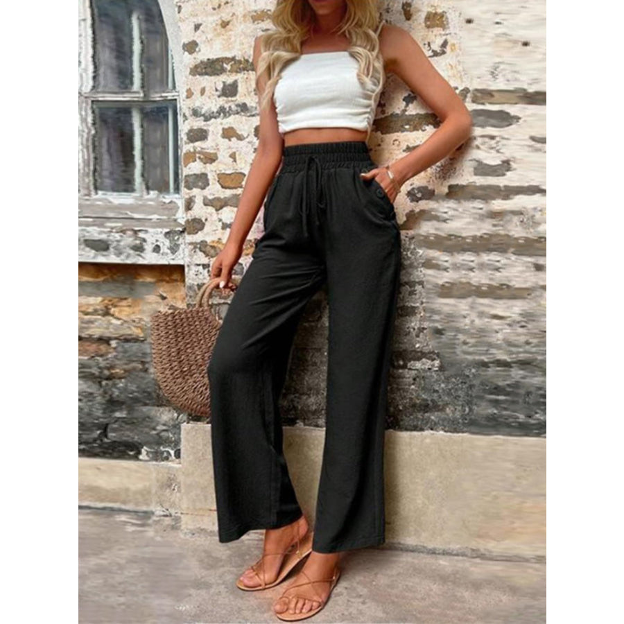 Tied High Waist Wide Leg Pants with Pockets Apparel and Accessories