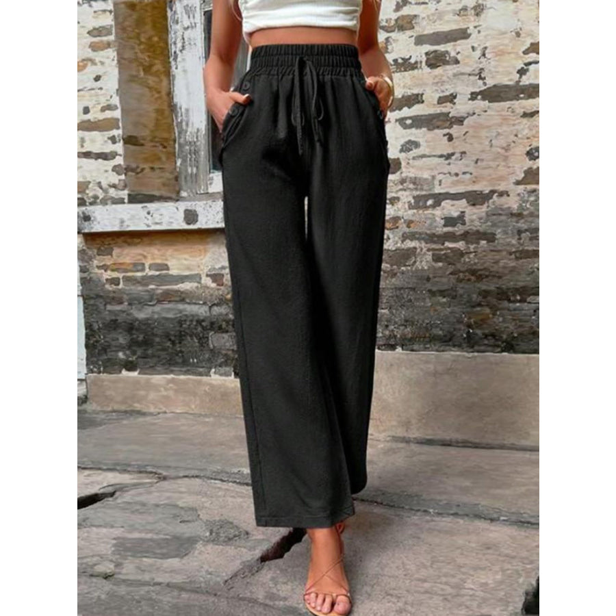 Tied High Waist Wide Leg Pants with Pockets Black / S Apparel and Accessories