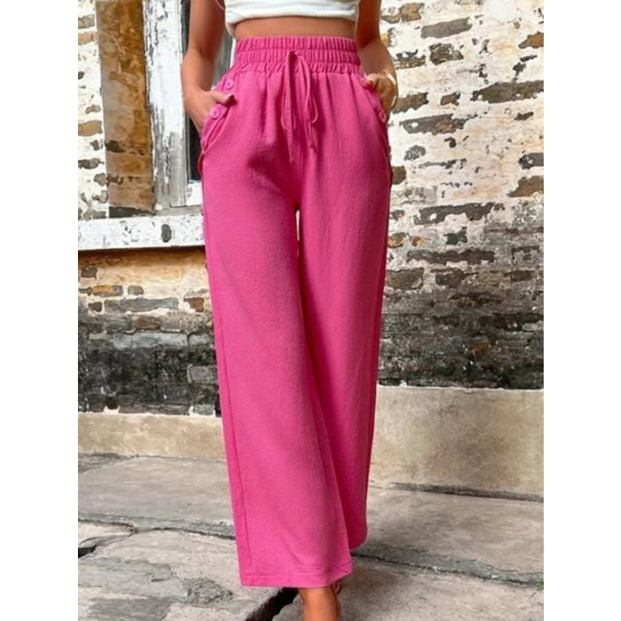 Tied High Waist Wide Leg Pants with Pockets Cerise / S Apparel and Accessories