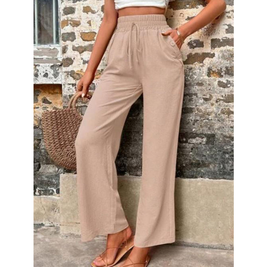 Tied High Waist Wide Leg Pants with Pockets Khaki / S Apparel and Accessories