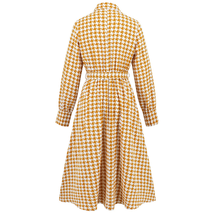 Tied Houndstooth Long Sleeve Midi Dress Apparel and Accessories