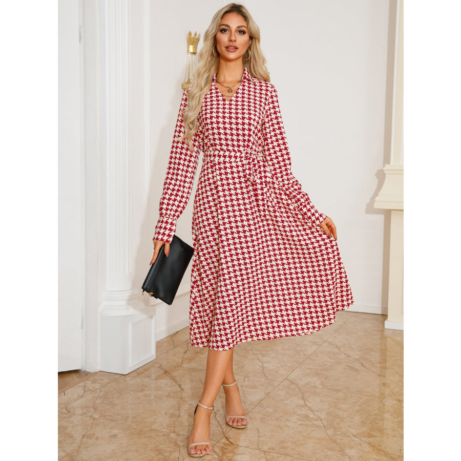 Tied Houndstooth Long Sleeve Midi Dress Apparel and Accessories