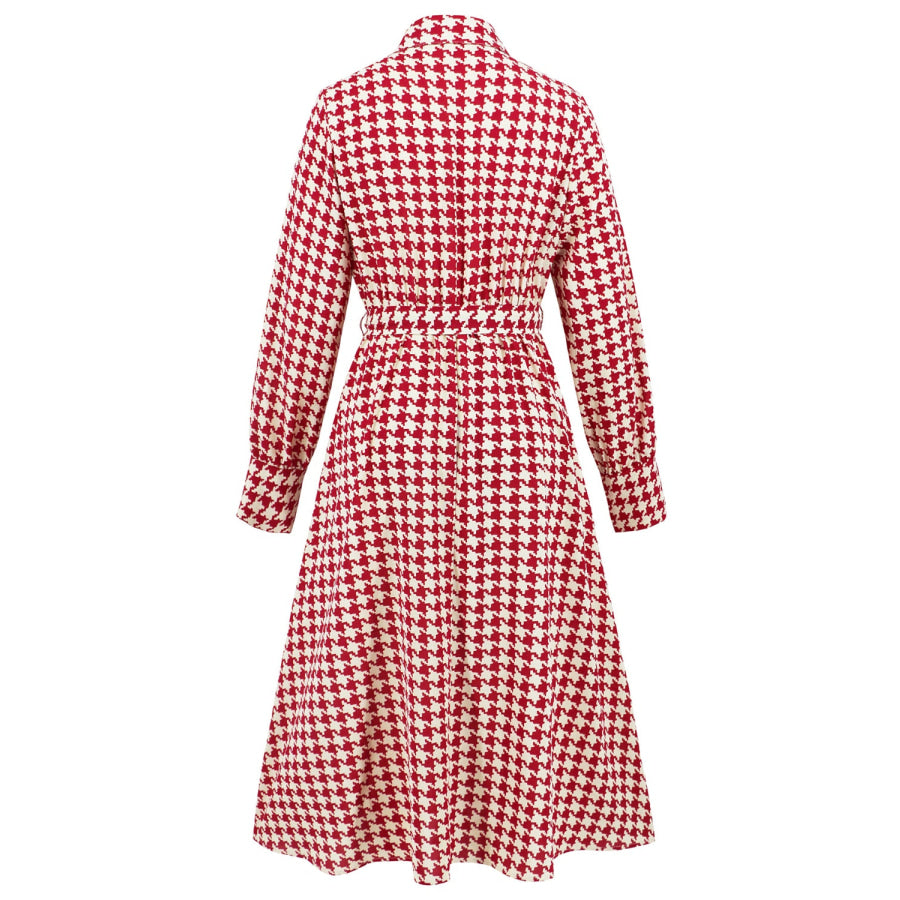 Tied Houndstooth Long Sleeve Midi Dress Apparel and Accessories