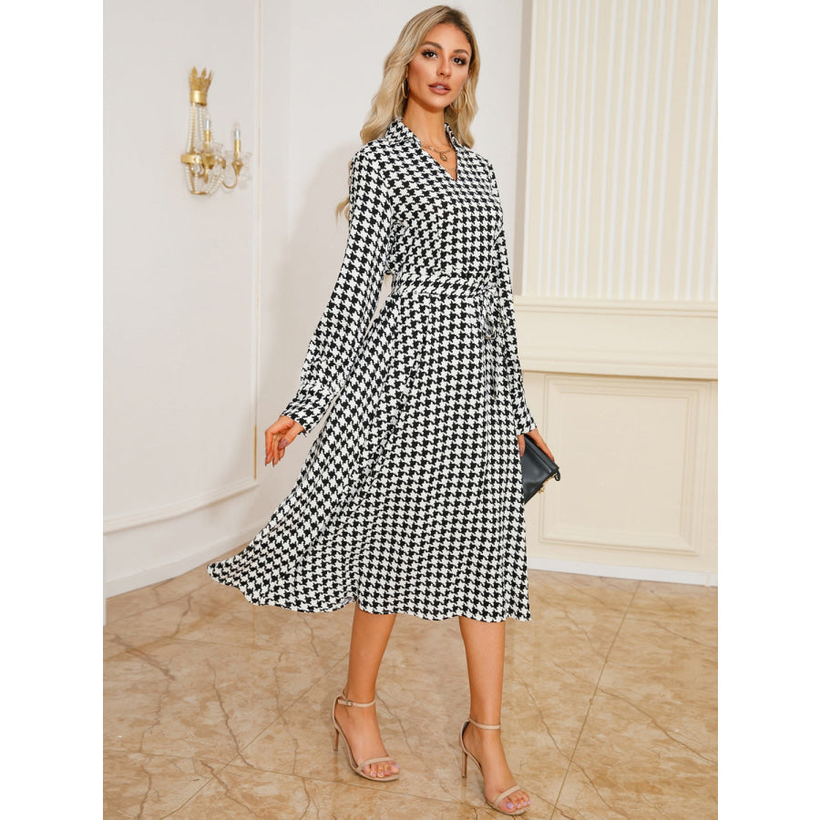 Tied Houndstooth Long Sleeve Midi Dress Apparel and Accessories