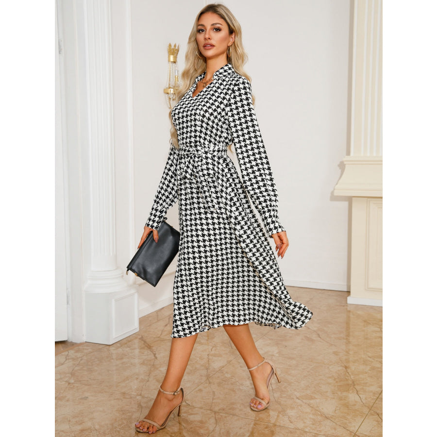 Tied Houndstooth Long Sleeve Midi Dress Apparel and Accessories