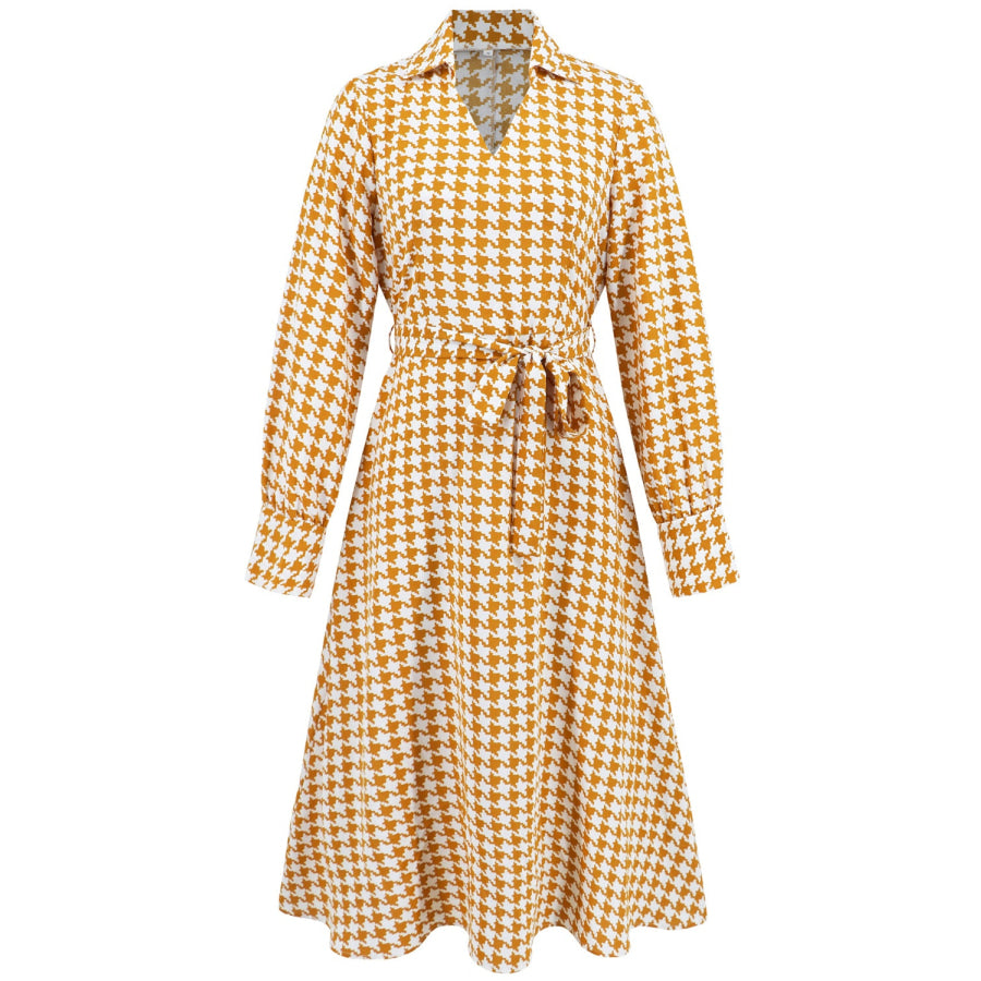 Tied Houndstooth Long Sleeve Midi Dress Apparel and Accessories