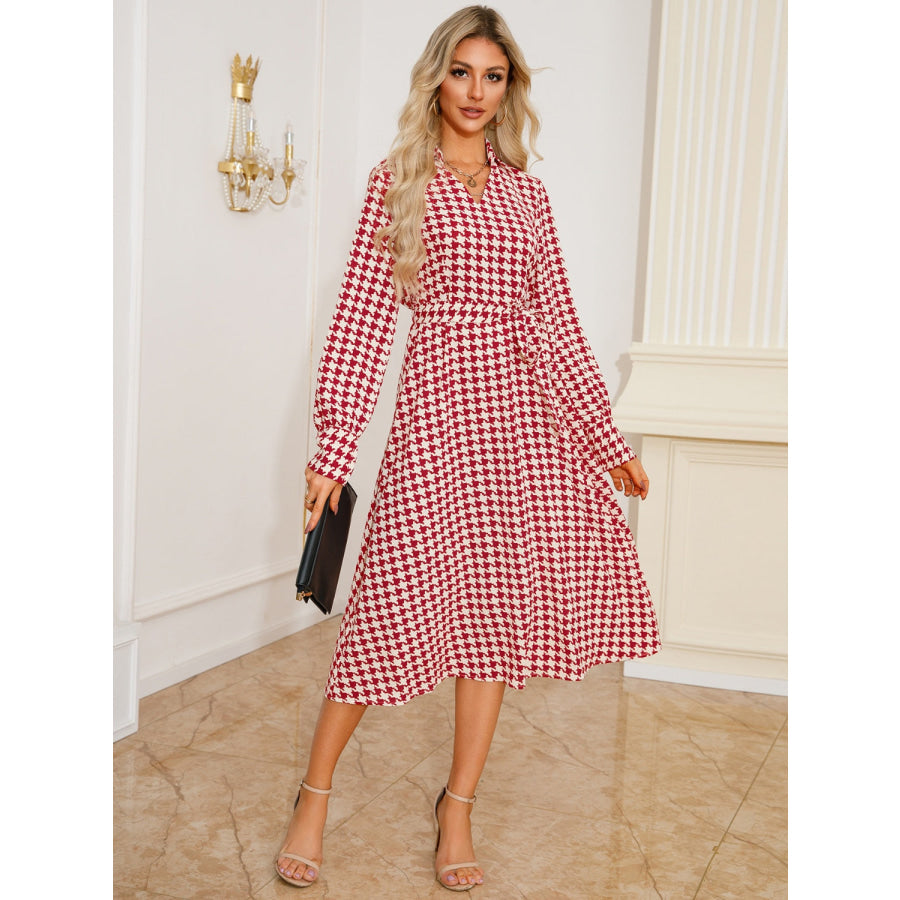 Tied Houndstooth Long Sleeve Midi Dress Apparel and Accessories