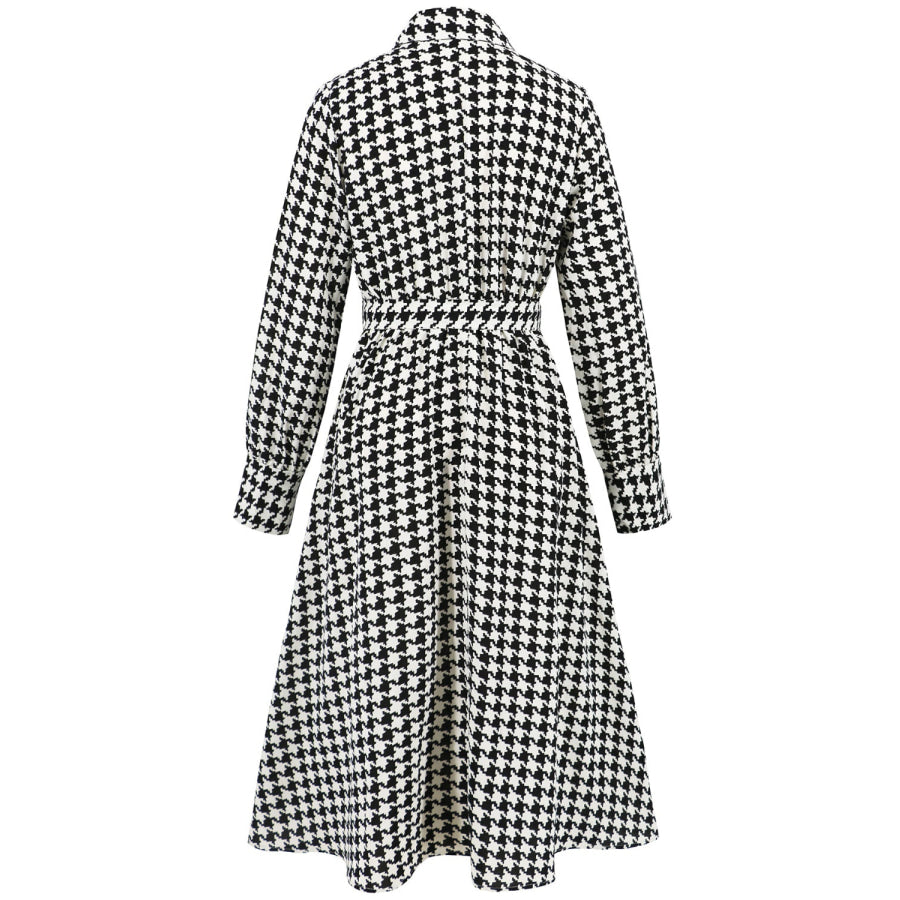 Tied Houndstooth Long Sleeve Midi Dress Apparel and Accessories