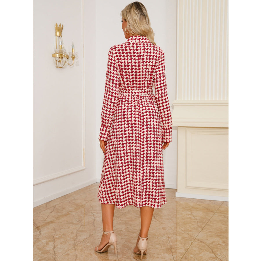 Tied Houndstooth Long Sleeve Midi Dress Apparel and Accessories