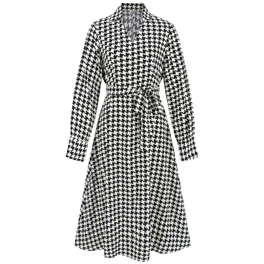 Tied Houndstooth Long Sleeve Midi Dress Apparel and Accessories