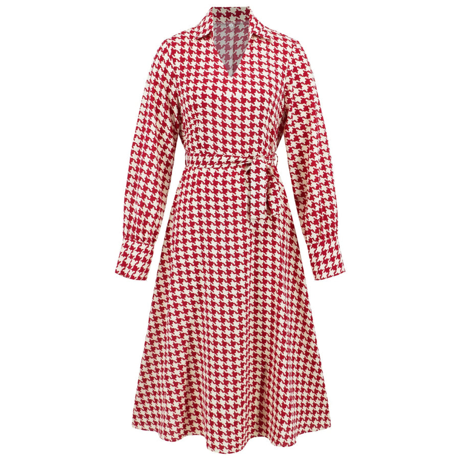 Tied Houndstooth Long Sleeve Midi Dress Apparel and Accessories