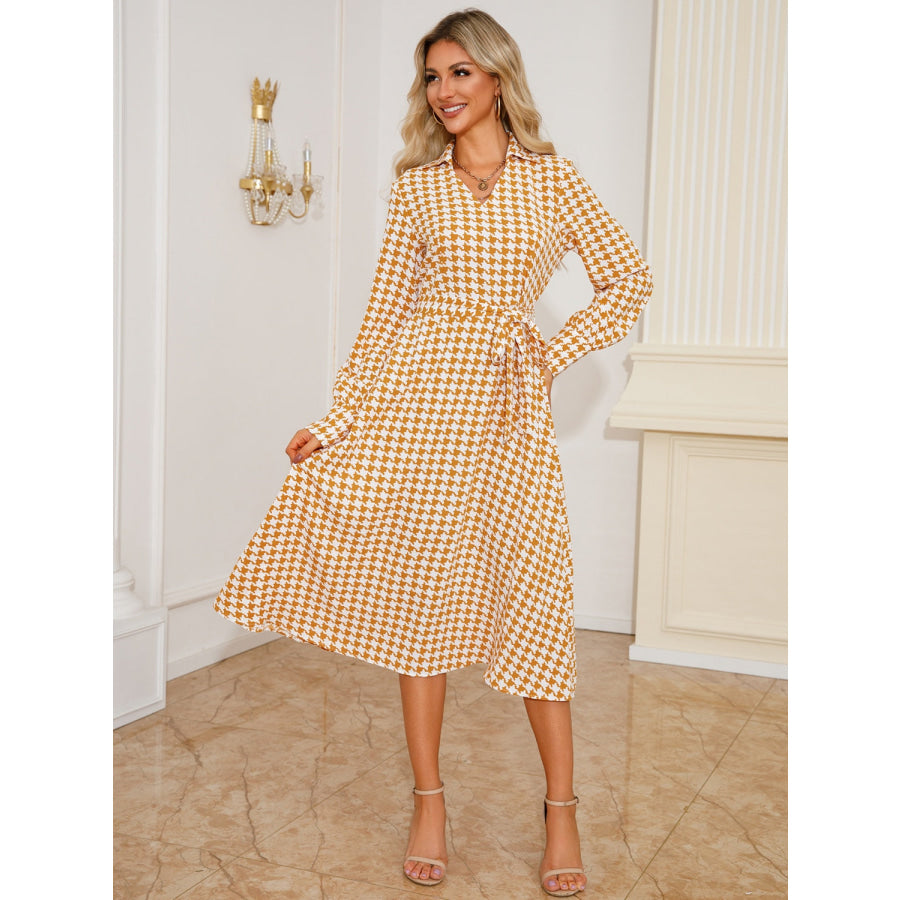 Tied Houndstooth Long Sleeve Midi Dress Apparel and Accessories