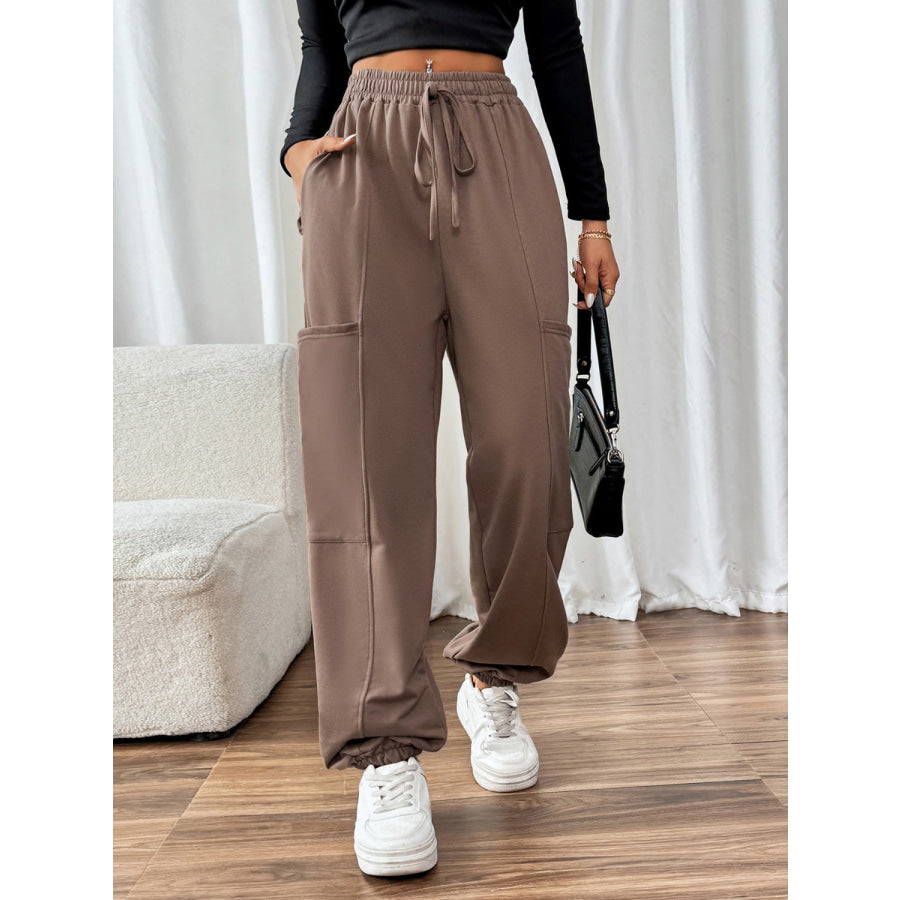 Tied Joggers with Pockets Taupe / S Apparel and Accessories