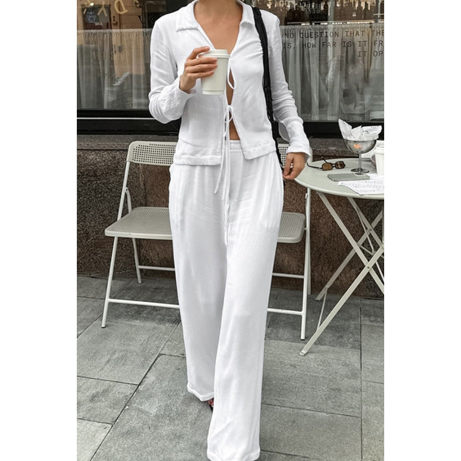 Tied Johnny Collar Long Sleeve Top and Pants Set Apparel and Accessories