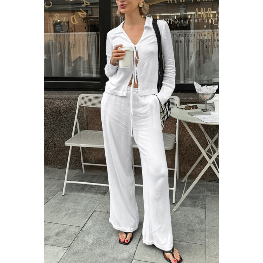 Tied Johnny Collar Long Sleeve Top and Pants Set White / S Apparel and Accessories