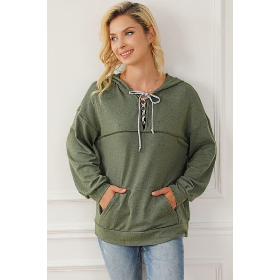 Tied Kangaroo Pocket Dropped Shoulder Hoodie Clothing