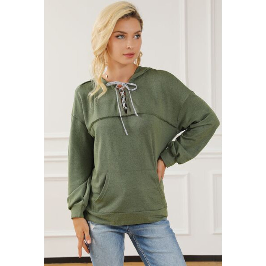 Tied Kangaroo Pocket Dropped Shoulder Hoodie Sage / S Clothing