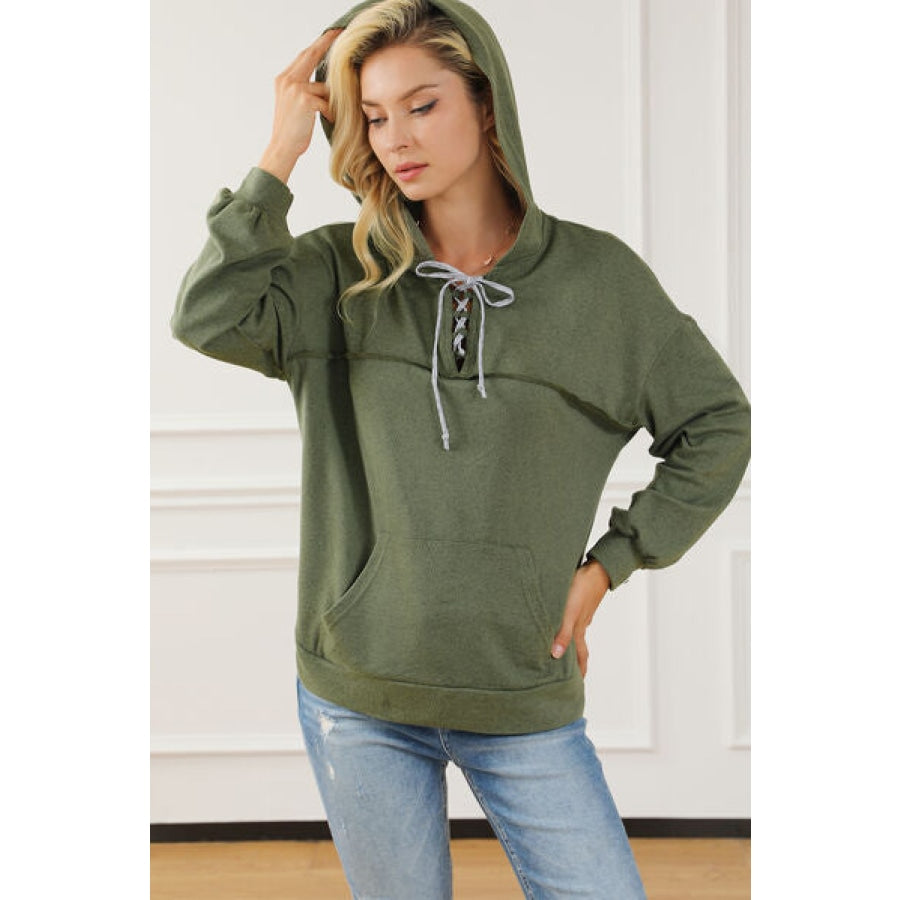 Tied Kangaroo Pocket Dropped Shoulder Hoodie Clothing