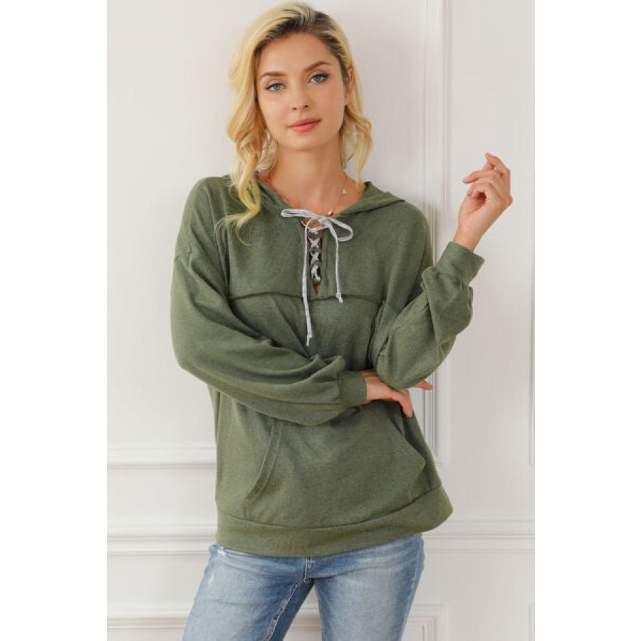 Tied Kangaroo Pocket Dropped Shoulder Hoodie Sage / S Clothing