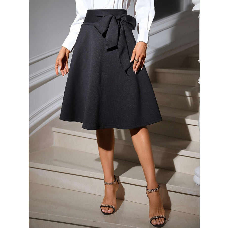 Tied Knee Length Skirt Black / S Apparel and Accessories