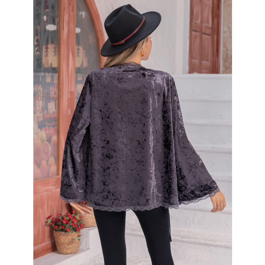 Tied Lace Detail Long Sleeve Cardigan Mauve / S Apparel and Accessories