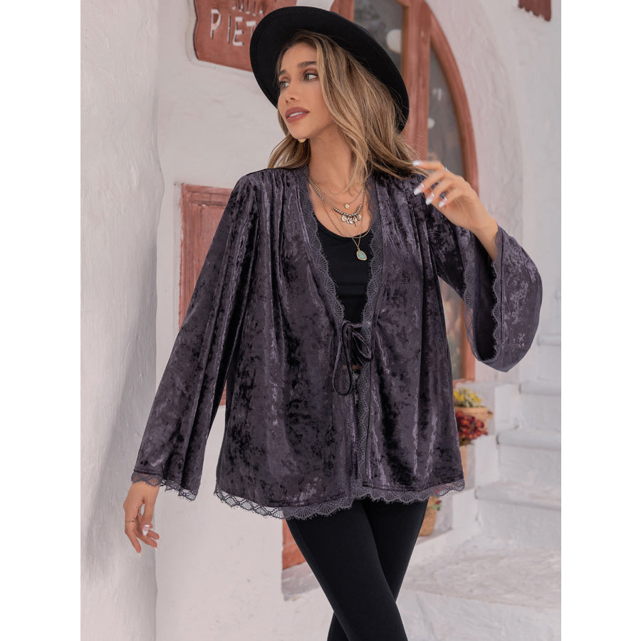 Tied Lace Detail Long Sleeve Cardigan Apparel and Accessories