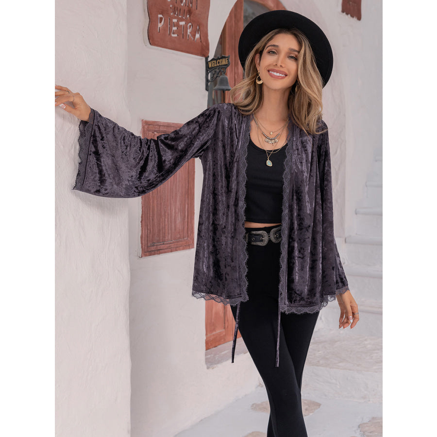 Tied Lace Detail Long Sleeve Cardigan Apparel and Accessories