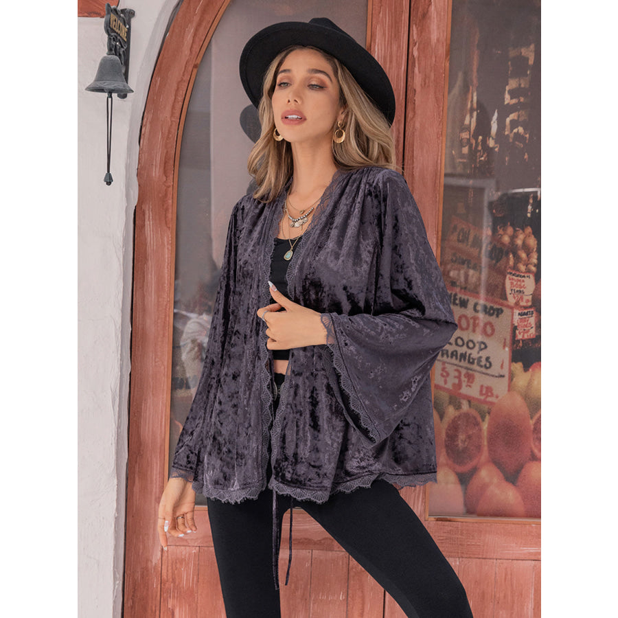 Tied Lace Detail Long Sleeve Cardigan Mauve / S Apparel and Accessories