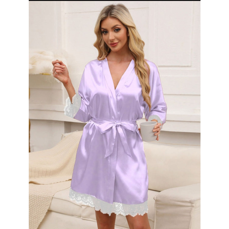 Tied Lace Detail Three-Quarter Sleeve Lounge Nightgown Apparel and Accessories