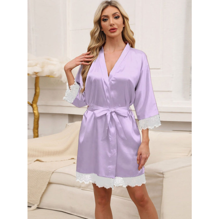 Tied Lace Detail Three-Quarter Sleeve Lounge Nightgown Lilac / M Apparel and Accessories