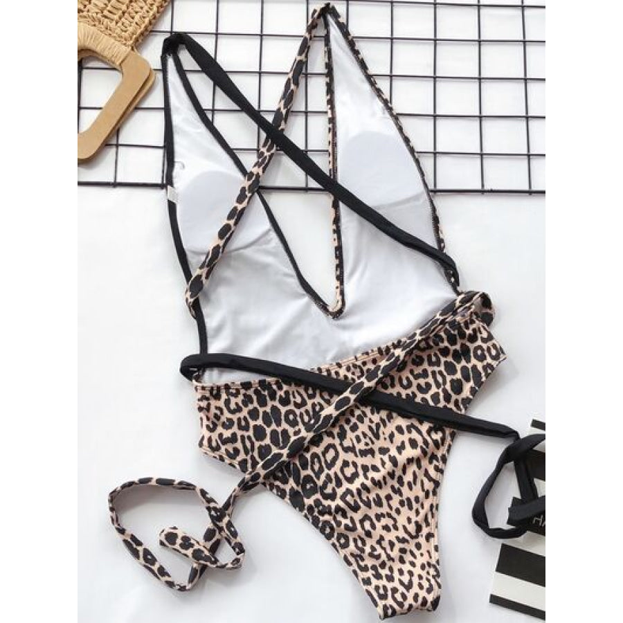 Tied Leopard Plunge One - Piece Swimwear Apparel and Accessories