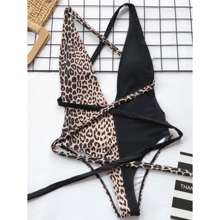 Tied Leopard Plunge One - Piece Swimwear Apparel and Accessories