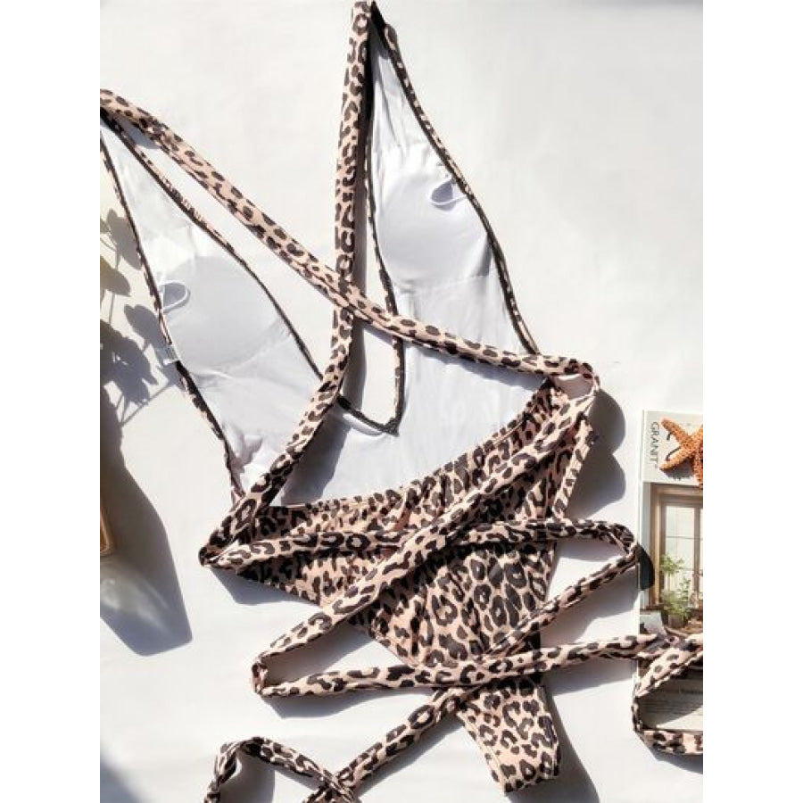 Tied Leopard Plunge One - Piece Swimwear Apparel and Accessories