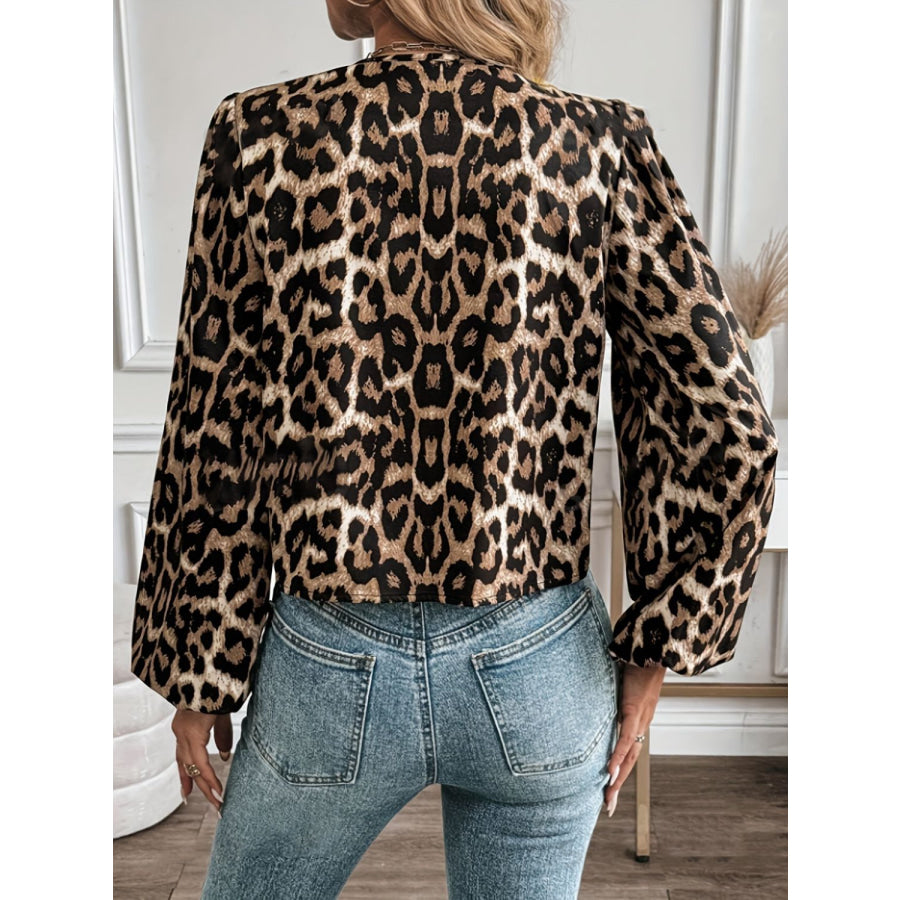 Tied Leopard Round Neck Long Sleeve Top Apparel and Accessories