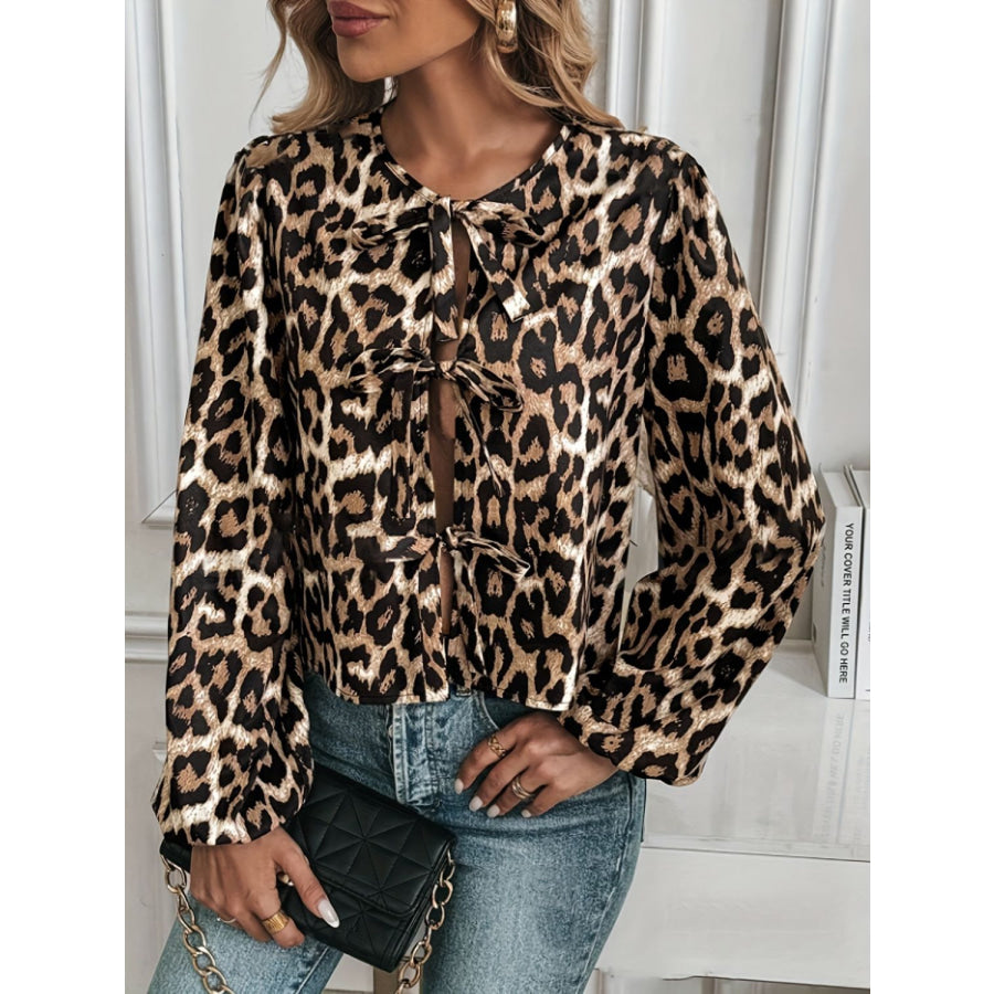 Tied Leopard Round Neck Long Sleeve Top Apparel and Accessories